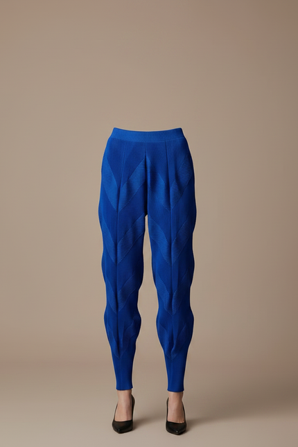 Pantalon À Pince Bleu Plissé Sculptural Chevrons Élastique - Polyester - vue 3