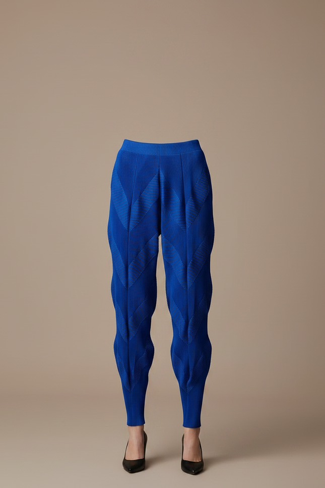 Pantalon À Pince Bleu Plissé Sculptural Chevrons Élastique - Polyester - vue 3