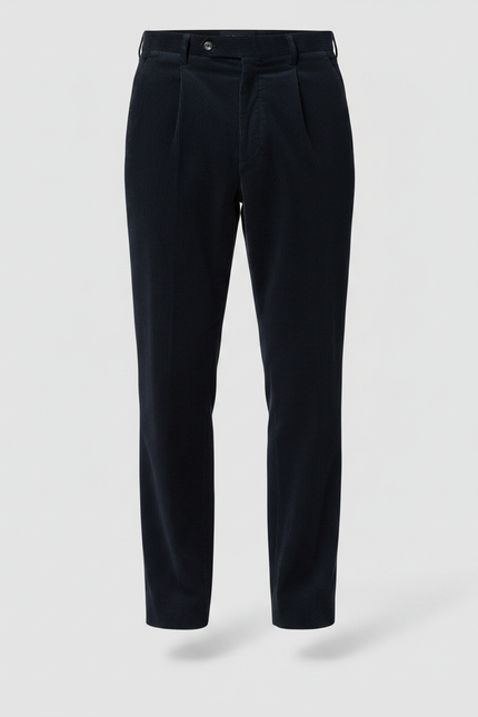 Pantalon À Pince Bleu Marine Côtelé Plissé Droit Homme - Cordé - vue 3