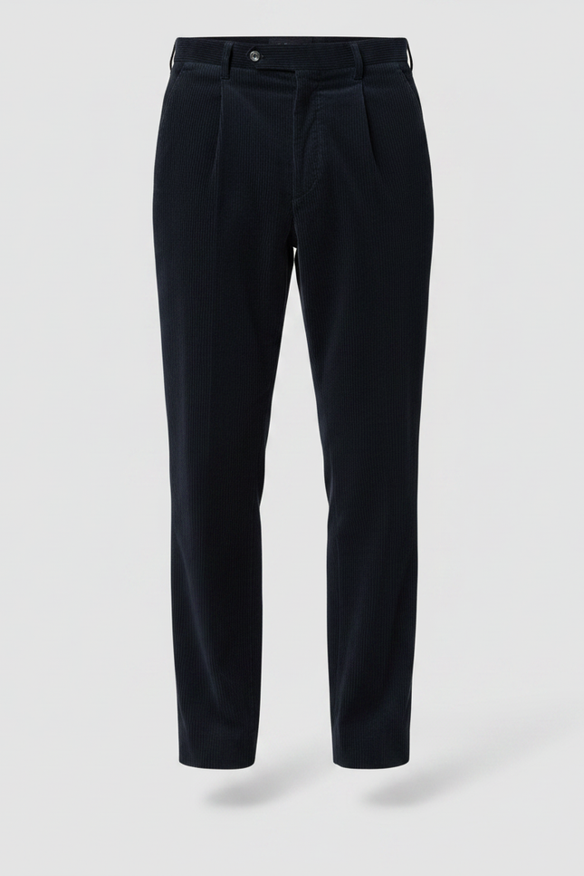Pantalon À Pince Bleu Marine Côtelé Plissé Droit Homme - Cordé - vue 3