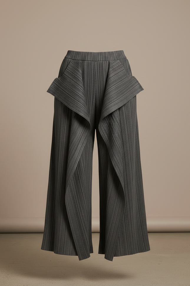 Pantalon À Pince Plissé Gris Irrégulier Ample Élégant - Polyester - vue 3