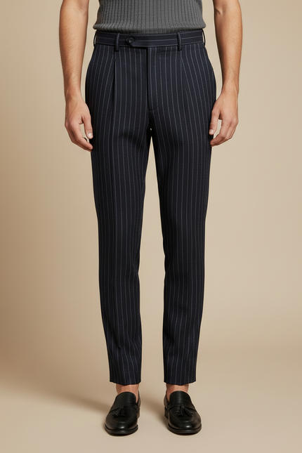 Pantalon À Pince Bleu Marine Rayé Plissé Slim Élégant - Laine - vue 3