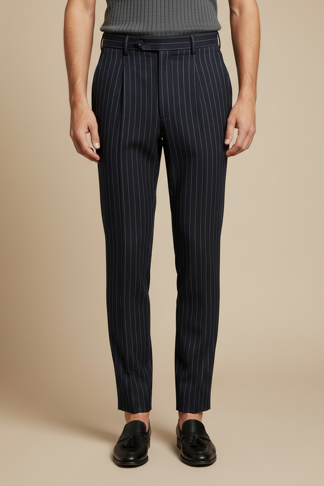 Pantalon À Pince Bleu Marine Rayé Plissé Slim Élégant - Laine - vue 3