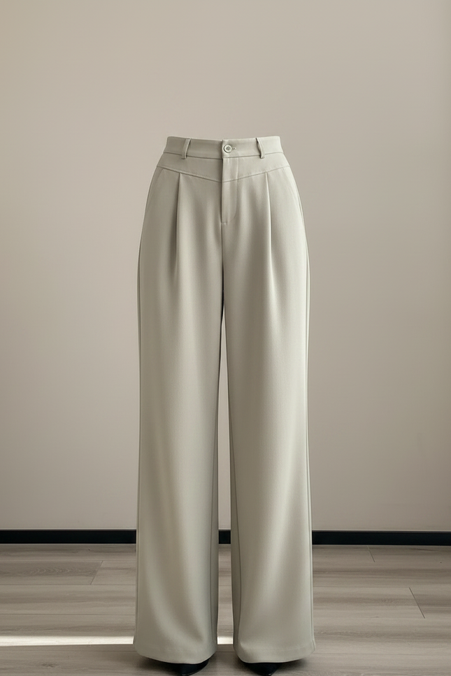 Pantalon À Pince Beige Plissé Ample Droit Élégant - Kaki Polyester - vue 3