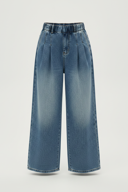 Pantalon À Pince Bleu Denim Ample Plissé Enfant - Jean - vue 3