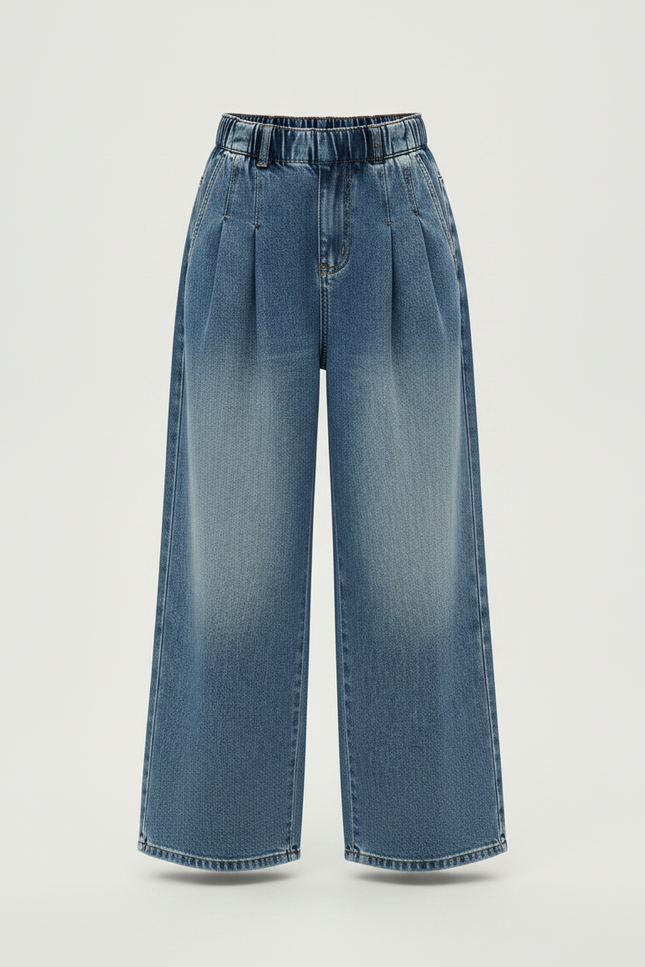 Pantalon À Pince Bleu Denim Ample Plissé Enfant - Jean - vue 3