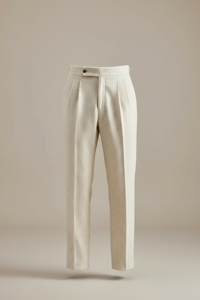 Pantalon À Pince Crème Tweed Plissé Droit Homme - Beige - vue 3