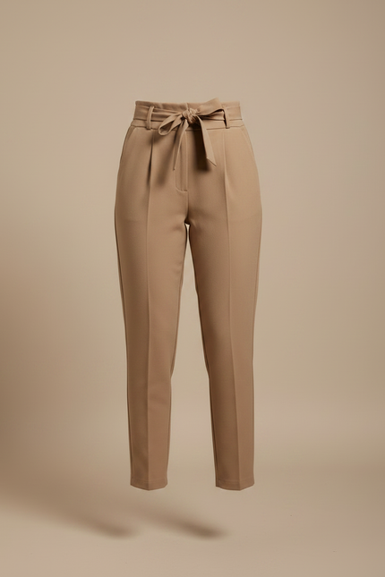 Pantalon À Pince Beige Taille Haute Ceinturé Élégant - Gabardine - vue 3