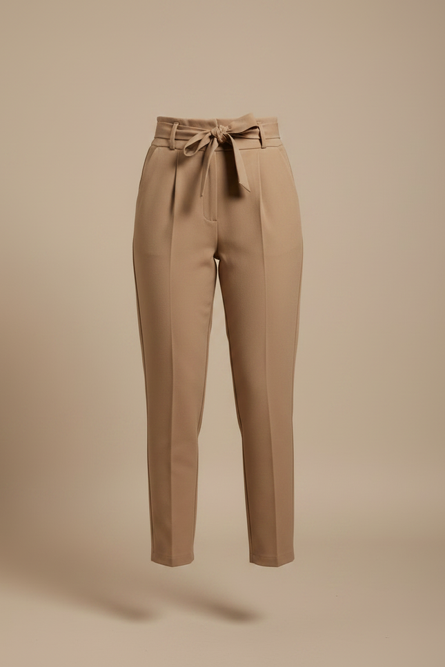 Pantalon À Pince Beige Taille Haute Ceinturé Élégant - Gabardine - vue 3