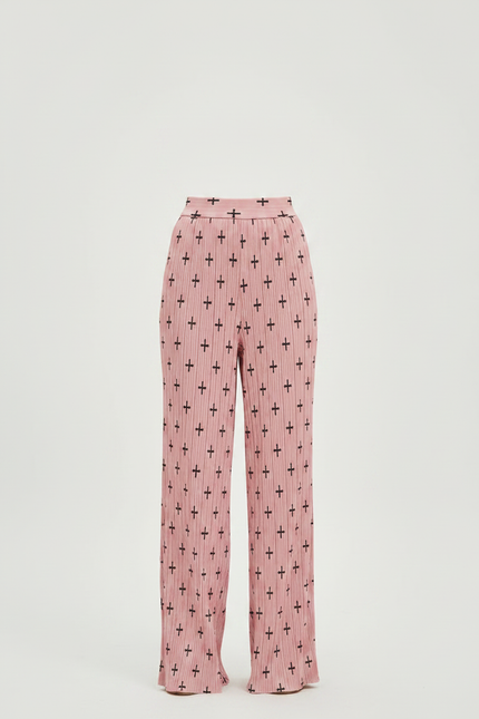 Pantalon À Pince Rose Plissé Imprimé Croix Taille Haute - Polyester - vue 3