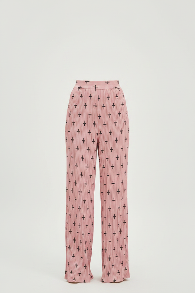 Pantalon À Pince Rose Plissé Imprimé Croix Taille Haute - Polyester - vue 3