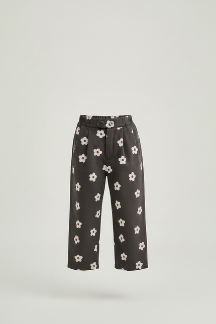 Pantalon À Pince Gris Fleurs Blanches Ample Enfant Coton - vue 3