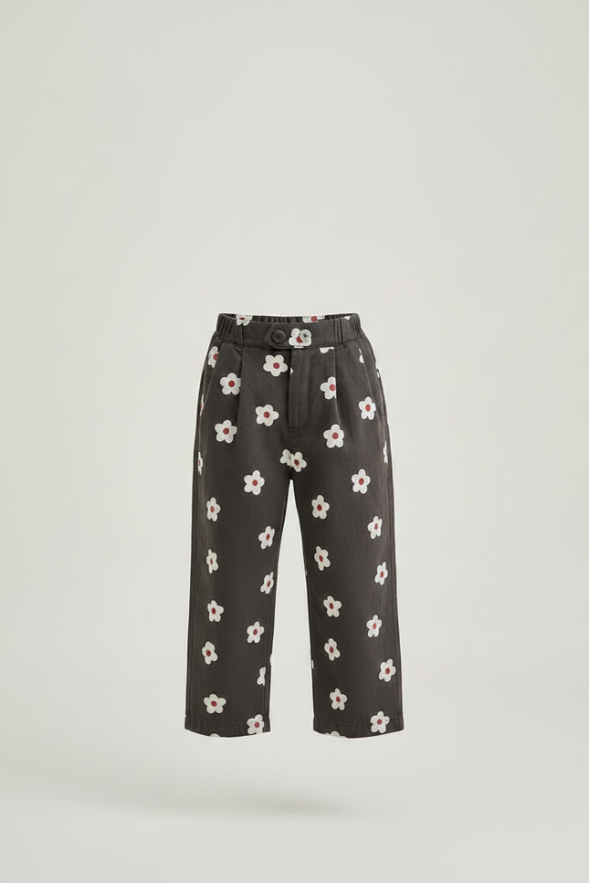 Pantalon À Pince Gris Fleurs Blanches Ample Enfant Coton - vue 3