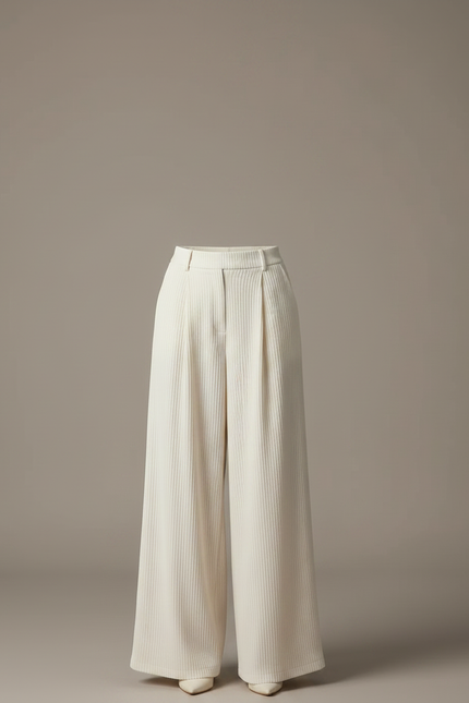 Pantalon À Pince Crème Côtelé Ample Décontracté Femme - Blanc Cordé - vue 3