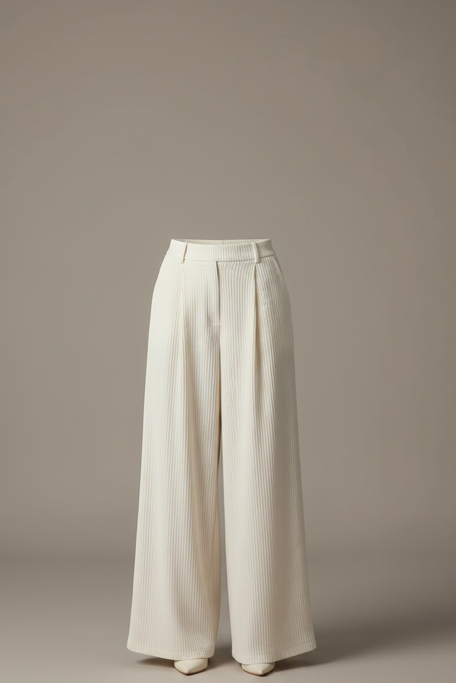 Pantalon À Pince Crème Côtelé Ample Décontracté Femme - Blanc Cordé - vue 3