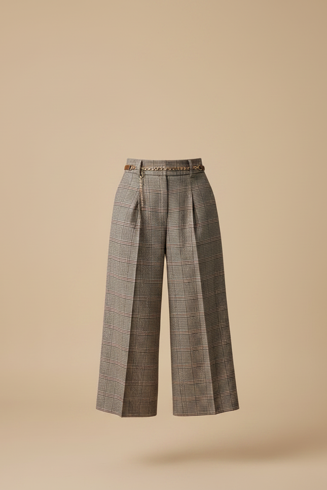 Pantalon À Pince Carreaux Marron Ample Taille Haute Élégant - Tweed - vue 3