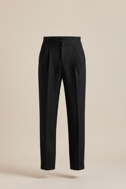Pantalon À Pince Noir Droit Rayé Plissé Élégant Homme - Laine - vue 3