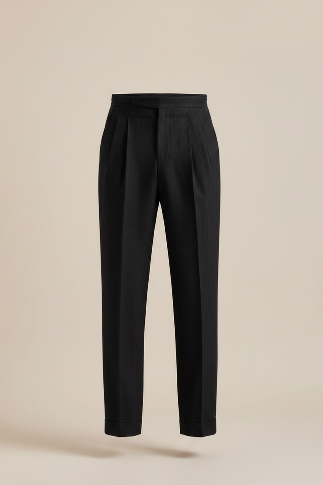 Pantalon À Pince Noir Droit Rayé Plissé Élégant Homme - Laine - vue 3