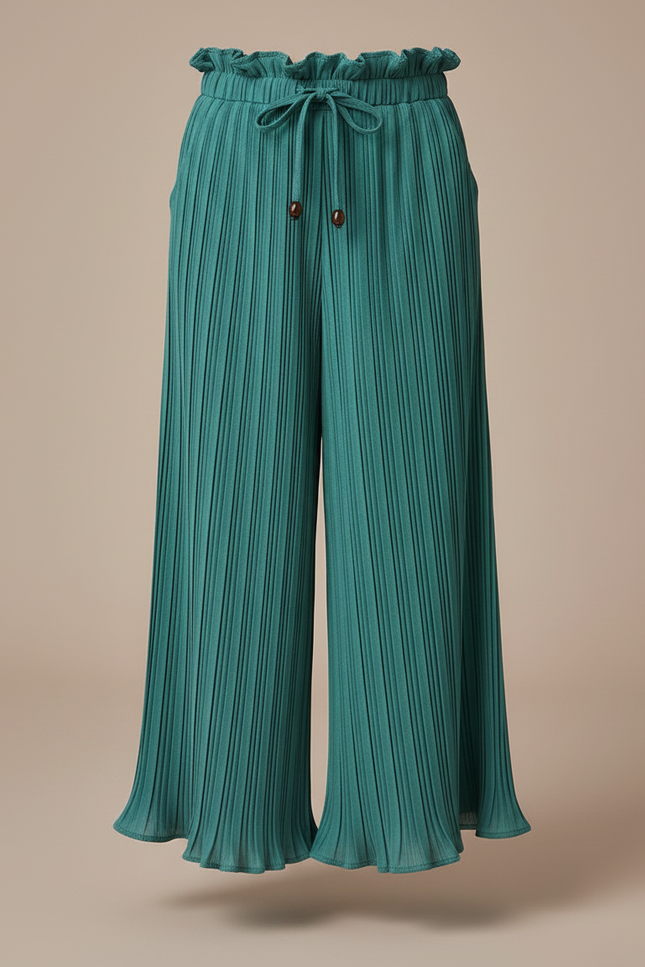 Pantalon À Pince Plissé Fluide Vert Taille Haute - Polyester - vue 3