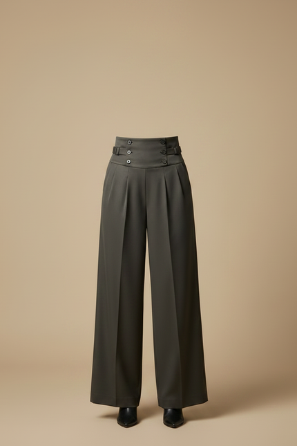 Pantalon À Pince Kaki Taille Haute Large Élégant - Gabardine - vue 3