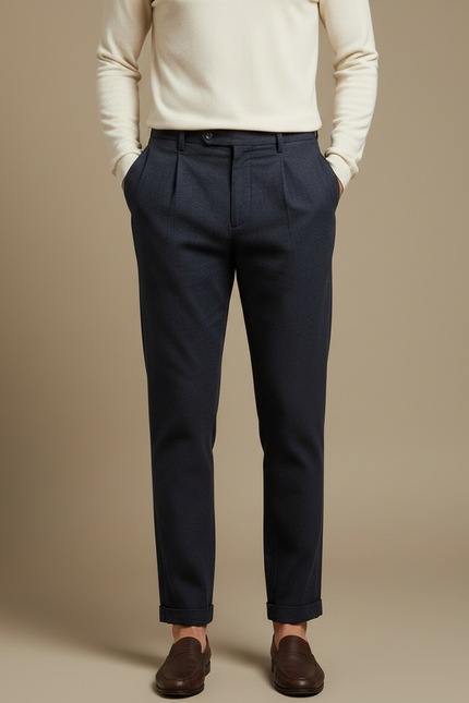 Pantalon À Pince Bleu Marine Laine Plissé Élégant Homme - vue 3