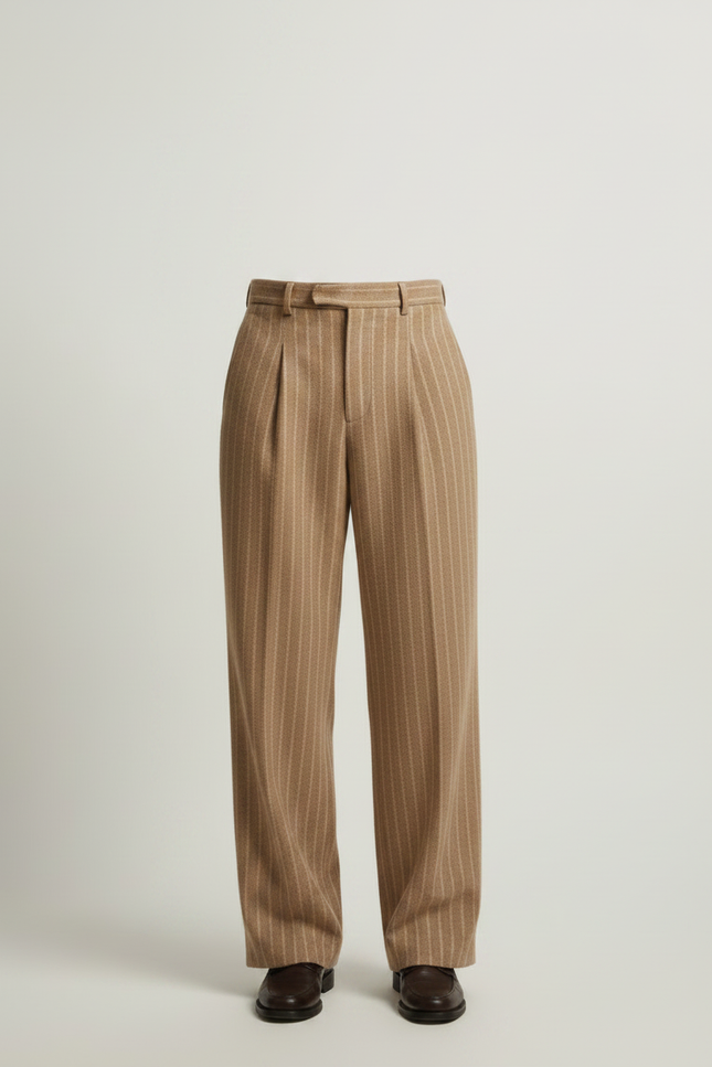 Pantalon À Pince Marron Rayé Ample Plissé Homme - Laine - vue 3