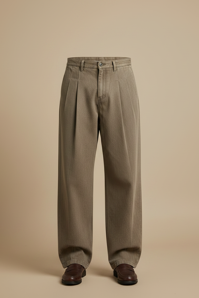 Pantalon À Pince Kaki Plissé Ample Homme Décontracté - Toile - vue 3