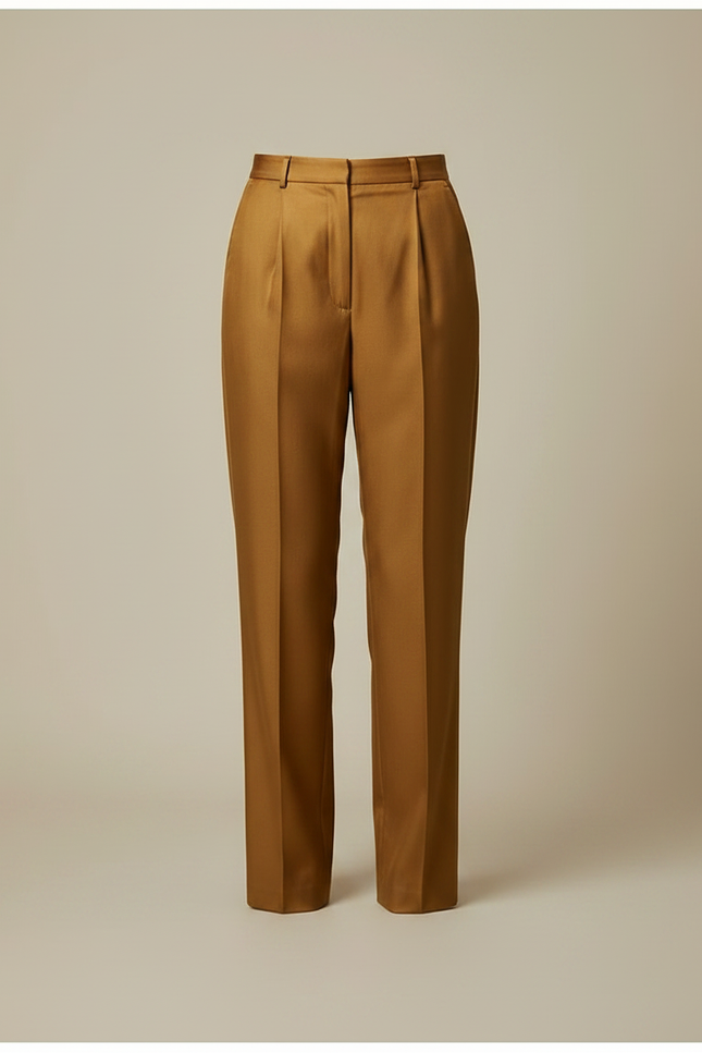 Pantalon À Pince Marron Satiné Plissé Taille Haute Fluide - vue 3