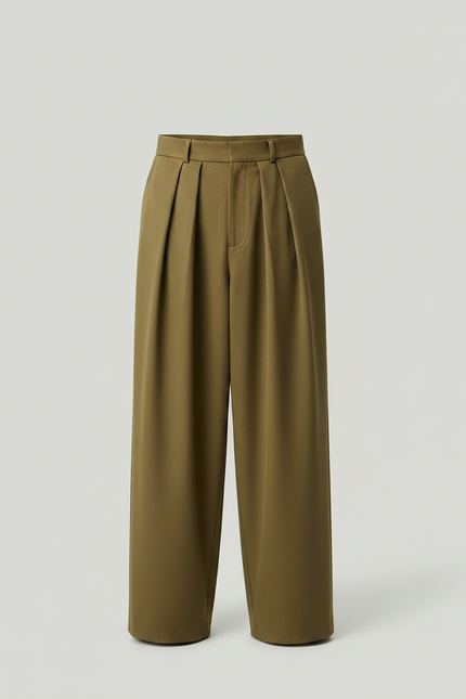 Pantalon À Pince Kaki Plissé Ample Droit Élégant - Gabardine - vue 3