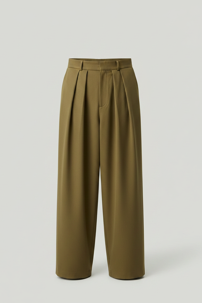 Pantalon À Pince Kaki Plissé Ample Droit Élégant - Gabardine - vue 3