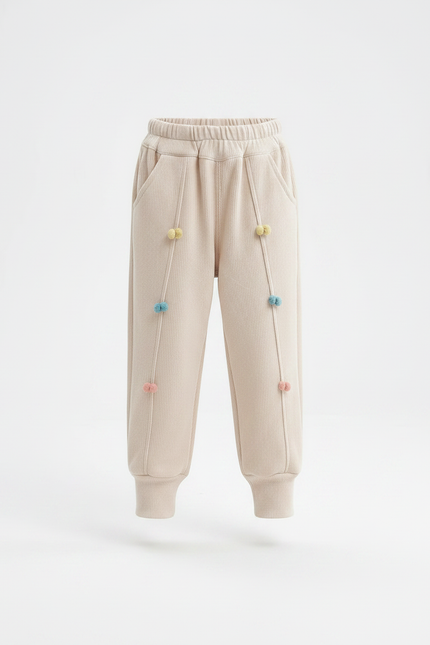 Pantalon À Pince Beige Côtelé Pompons Colorés Décontracté - Cordé - vue 3