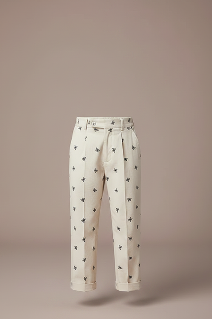 Pantalon À Pince Écru Brodé Papillons Garçon Élégant - Beige Toile - vue 3