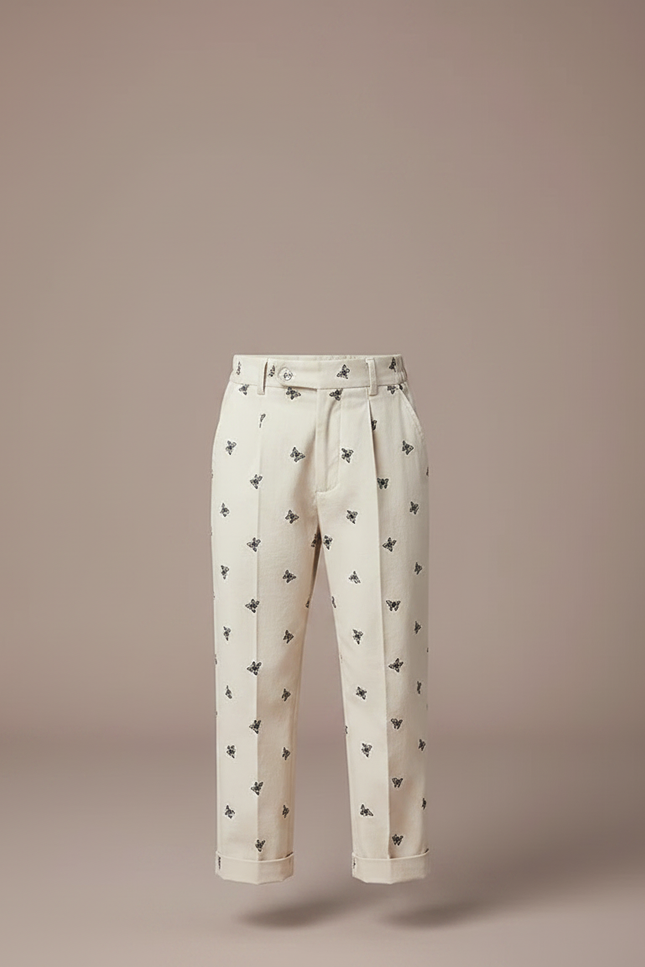 Pantalon À Pince Écru Brodé Papillons Garçon Élégant - Beige Toile - vue 3