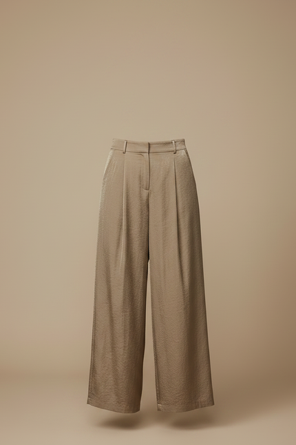 Pantalon À Pince Satiné Plissé Taille Haute Fluide Élégant - Kaki - vue 3