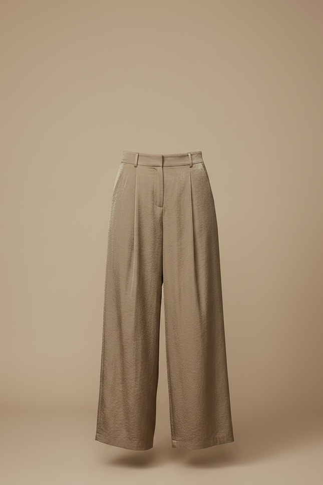 Pantalon À Pince Satiné Plissé Taille Haute Fluide Élégant - Kaki - vue 3